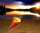 Upturned canoe at sunset