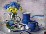 Daisies, Butterflies and Coffee in Blue
