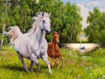 swans lake and horses