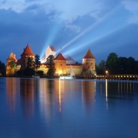 lights from trakai castle in lithuania