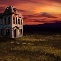 pastel sky over country house