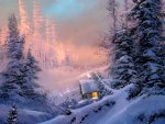 Lonely cottage in snowy mountain