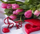 Pink  tulips and red heart