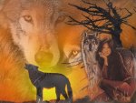 Native American Lady with Wolf Spirits