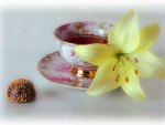 Cup of tea and lily flower