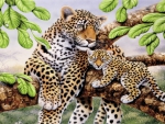 Leopard and Cub in Tree