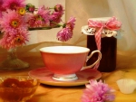 Cup and pink  chrysanthemums
