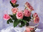 Beautiful roses and cup of tea