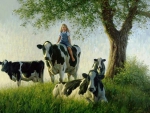cows and girl