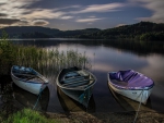 boats on a lake at dawn