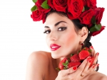 Beauty with strawberries and red roses