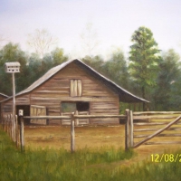A painting of an old barn