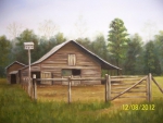 A painting of an old barn