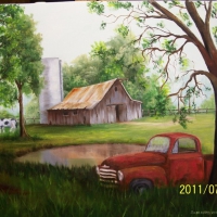 Painting of an old barn with an old pickup truck