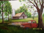 Painting of an old barn with an old pickup truck