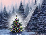 Christmas tree in snowy forest
