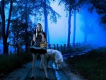 LADY AND WOLF IN A MISTY FOREST