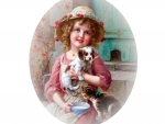 Little girl with kitten and puppy