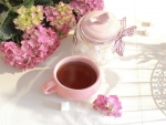 Cup of tea and flowers of Hydrangea