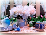 White peonies and cup blue