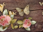 Roses Butterflies on Wood