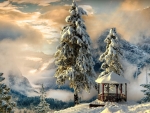 gazebo atop a foggy mountain in winter hdr