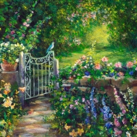 Pretty garden flowers and gate
