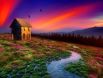 Mountain house at sunset