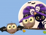 Halloween Owls and Cat