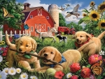 Three Puppies Playing on a Farm