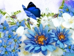 Blue Flowers & Butterfly