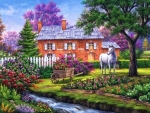 Brick Cottage with Stream and Horse