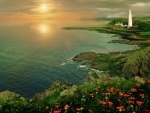 Lighthouse by the Ocean at Sunset