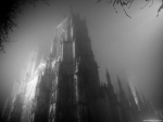 Shadowy gothic castle in the mist