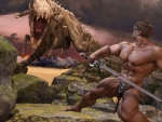Barbarian-Hero meets dino-monster