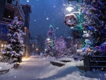 Snowfall on Winter Street at Christmas
