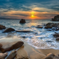 Sunset on the pebble beach