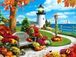 Lighthouse Trees And Pumpkins