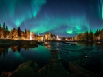 Autumn Aurora Borealis in the Night Sky