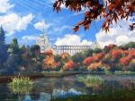 Castle Behind Autumn Trees and a Pond