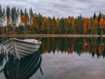 A Boat on a Lake Surrounded by Autumn Forest