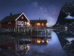 Red Houses Under the Milky Way Reflected