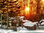 Snowy Log Cabin in the Winter Sunset