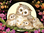 Owl family and flowers by Kayomi Harai