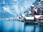 Snowy Houses on Lake Hallstatt, Austria
