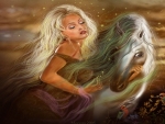 Girl with long blonde hair and Rapunzel horses