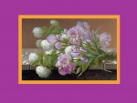 Pink lilies & white lilacs on a ledge