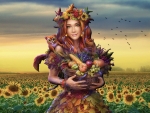 Fall Fantasy Girl and Sunflowers