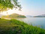 COUNTRYSIDE LANDSCAPE with MOUNTAIN and SWAMP in SUMMER