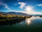 Sun rising over the Flathead River, Montana